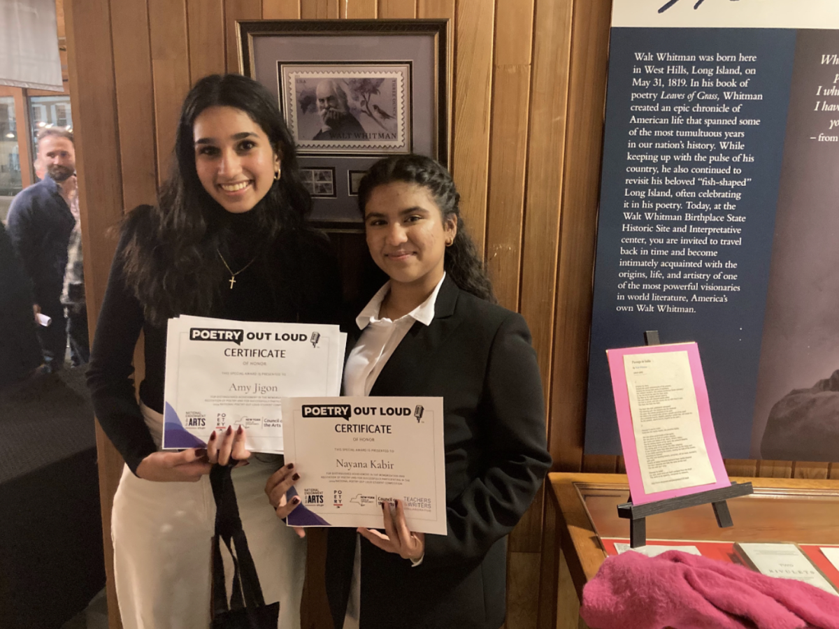 NHP's two finalists, Amy Jigon and Nayana Kabir, celebrate the art of poetry at the Poetry Out Loud local semifinals, located at the Walt Whitman Birthplace museum in Huntington. (Source from Mr. Otton)